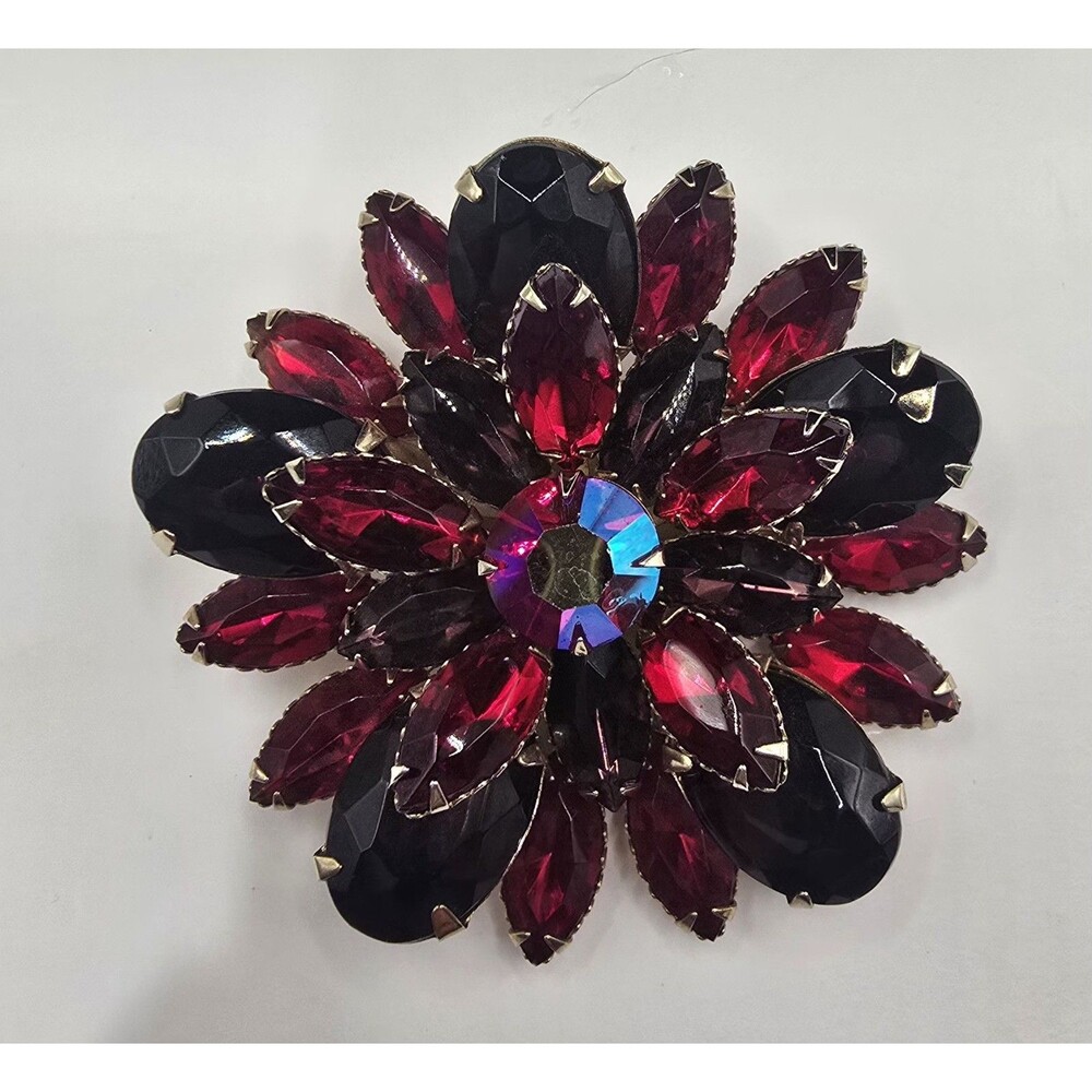 Huge Vtg Unsigned Judy Lee Style 2.5" Red Black Rhinestone Flower Brooch Tiered